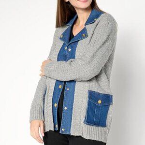 Antthony Mixed Media Denim Trim Sweater Jacket sz L